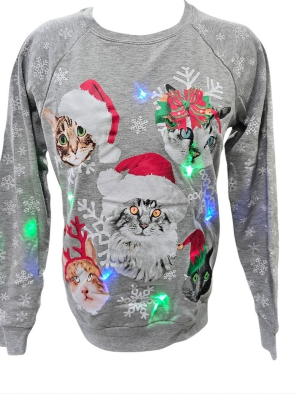 Cats Santa Hats Light Up Ugly Christmas Sweater Gray Sweatshirt Freeze XS NWOT